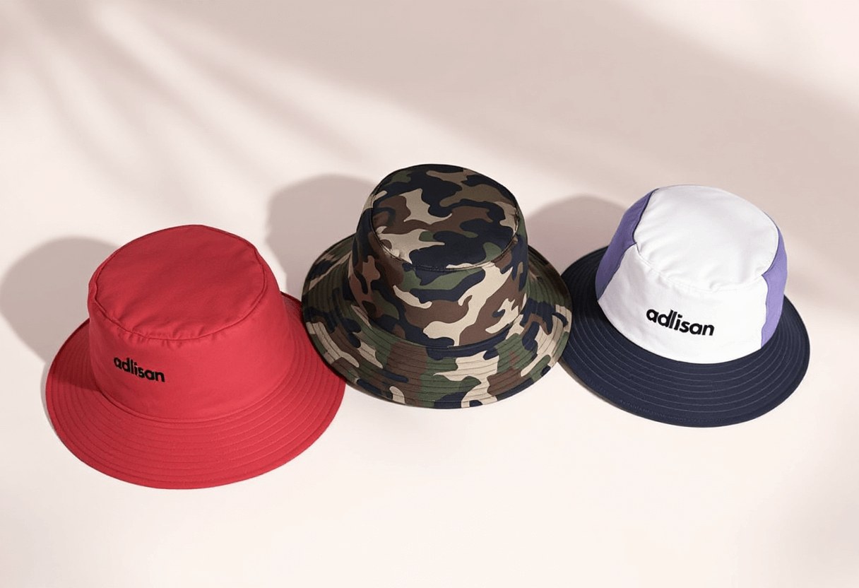 Trois bobs publicitaires rouge, camouflage et bicolore avec logos brodés ou imprimés