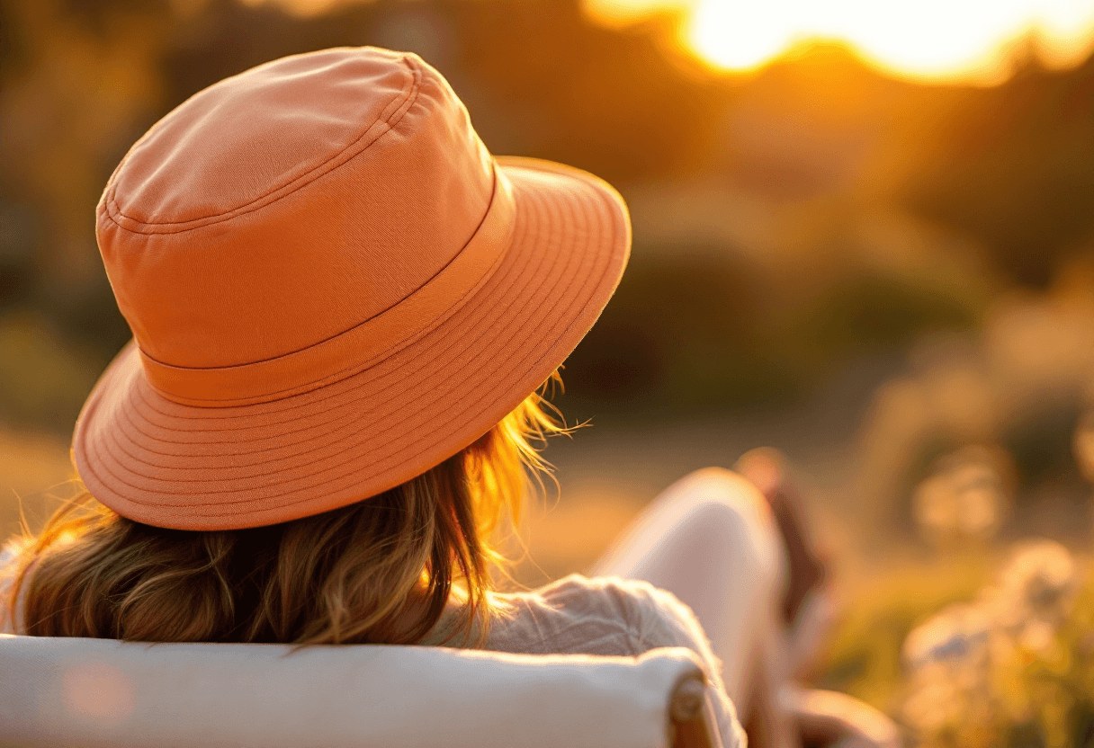 Jeune femme de dos portant un bob publicitaire orange au coucher du soleil